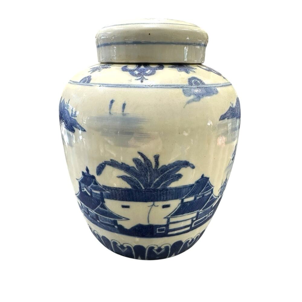 Antique Chinese Porcelain Ginger Lidded Jar Landscape Chinoiserie Blue White